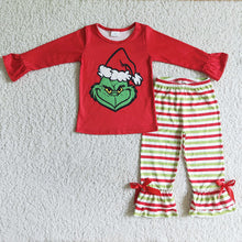 Load image into Gallery viewer, baby girls Christmas green stripe ruffle pants sets