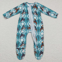 Load image into Gallery viewer, Baby boys horse aztec zip footie rompers