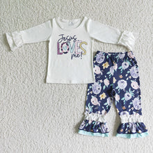 Load image into Gallery viewer, Baby Children Jesus Love Me floral pants fall outfits
