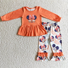 Load image into Gallery viewer, Baby girls Orange mouse ruffle pants clothes sets