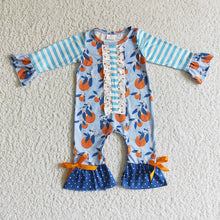 Load image into Gallery viewer, Baby girls blue stripe fruits ruffle rompers