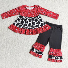 Load image into Gallery viewer, Baby Girls paisley cow print ruffle pants clothes sets