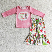 Load image into Gallery viewer, baby girls Christmas pink cartoon bell pants sets