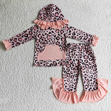 Load image into Gallery viewer, baby girls pink leopard hood top ruffle pants sets