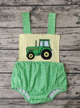 Load image into Gallery viewer, Baby boys tractor plaid print romper