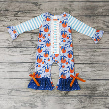 Load image into Gallery viewer, Baby girls blue stripe fruits ruffle rompers