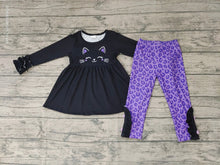 Load image into Gallery viewer, Baby girls Halloween cat purple leopard legging clothes sets