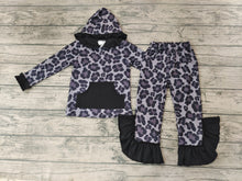 Load image into Gallery viewer, baby girls black leopard hood top ruffle pants sets