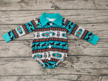 Load image into Gallery viewer, Baby boys horse western green long sleeve rompers