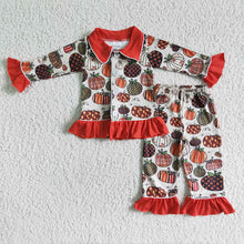 Load image into Gallery viewer, Baby girls pumpkin fall buttons up pajamas pants sets
