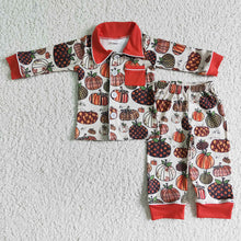 Load image into Gallery viewer, Baby boys pumpkin fall buttons up pajamas pants sets