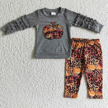 Load image into Gallery viewer, baby girls pumpkin grey top leopard legging pants sets