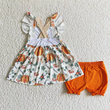 Load image into Gallery viewer, baby girls orange pumpkin floral shorts sets