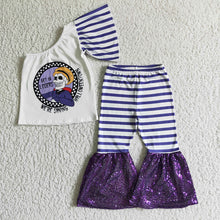Load image into Gallery viewer, Baby girls Halloween town one shoulder top sequin pants sets