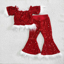 Load image into Gallery viewer, Baby Girls red Christmas sequin fur pants sets