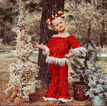 Load image into Gallery viewer, Baby Girls red Christmas sequin fur pants sets