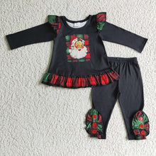Load image into Gallery viewer, Baby girls black red plaid santa Christmas ruffle pants clothes sets