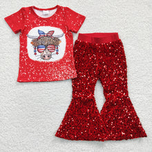 Load image into Gallery viewer, Baby Girls 4th Of July Red Cow Sequin Pants Clothes Sets