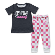 Load image into Gallery viewer, Baby Girls Black Daddy Top Pink Checkered Pants Clothes Sets