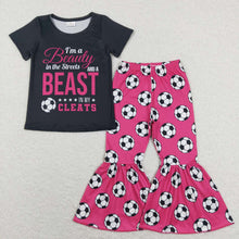 Load image into Gallery viewer, Baby Girls Black Soccer Tee Shirt Top Pink Bell Pants Clothes Sets