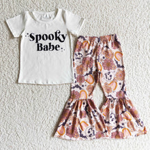 Load image into Gallery viewer, Baby Girls spooky babe rainbow pumpkin bell pants clothes sets