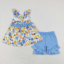 Load image into Gallery viewer, Baby Girls Blue Flowers Tunic Ruffle Shorts Outfits Clothes Sets