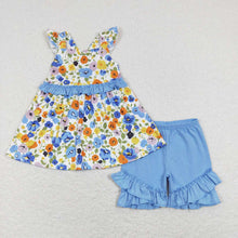 Load image into Gallery viewer, Baby Girls Blue Flowers Tunic Ruffle Shorts Outfits Clothes Sets