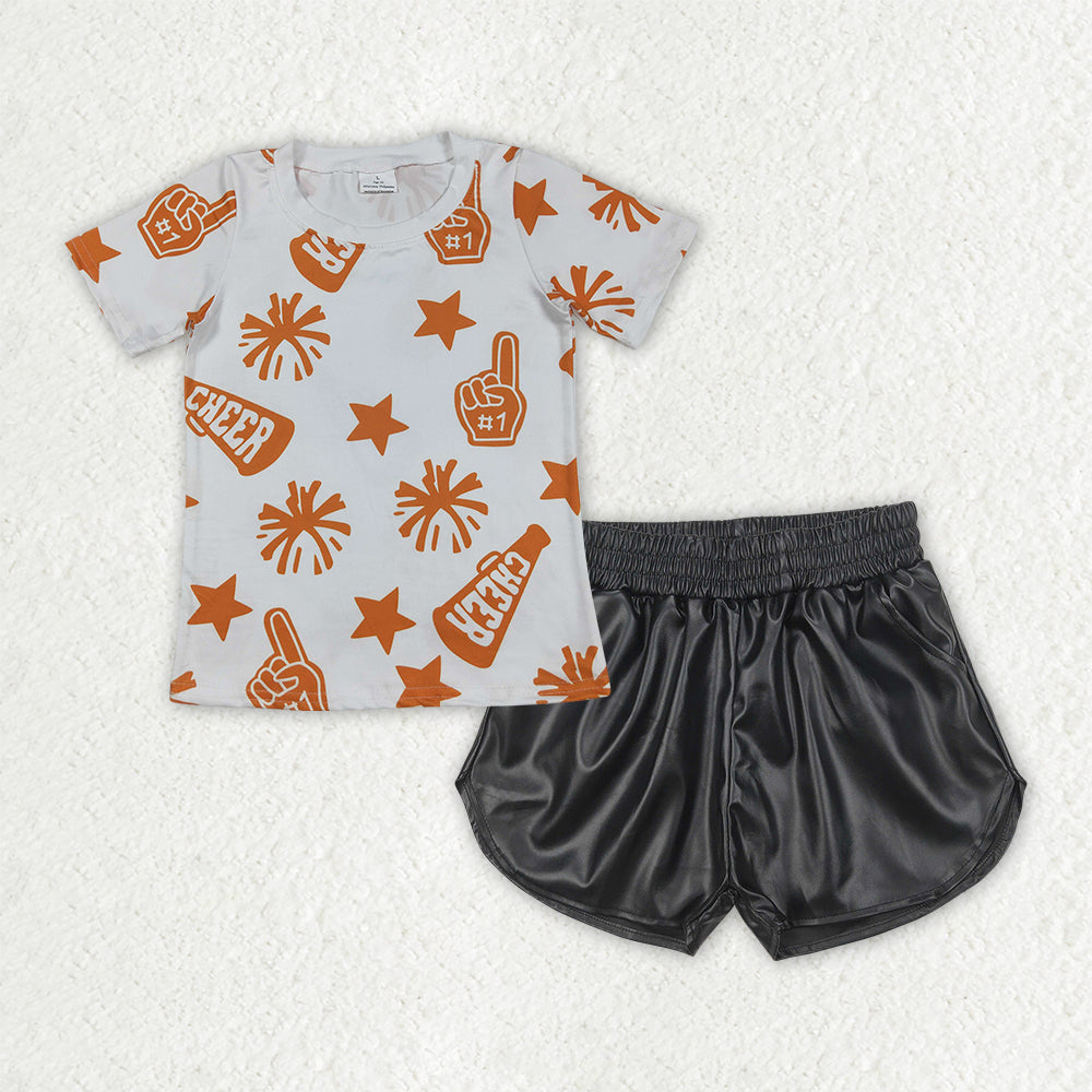 Baby Girls Orange Cheer Team Tops Black Leather Shorts Clothes Sets