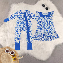 Load image into Gallery viewer, Sibling Baby Girls Blue Bows Footballs Go Team Ruffle Zipper Footie Romper Knee Length Dress
