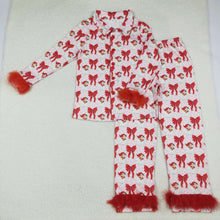 Load image into Gallery viewer, Sibling Adult Women Bows Santa Trees Button Top Pants Christmas Fur Pajamas Sets
