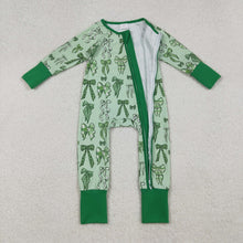 Load image into Gallery viewer, Baby Boys Green Clover Bows St Patrick Zipper Footie Rompers
