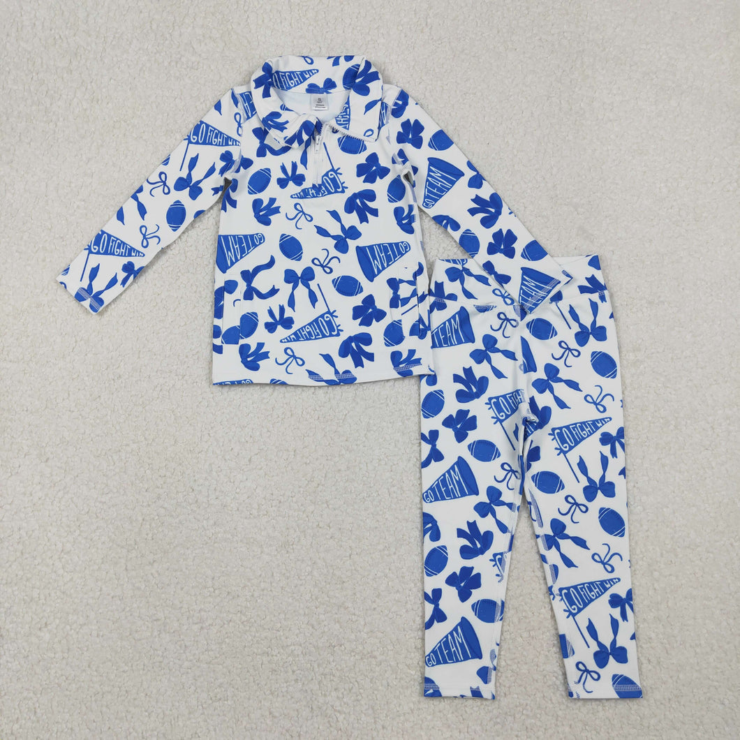 Baby Girls Blue Bows Footballs Go Teams Pullovers Leggings Yoga Active Clothes Set