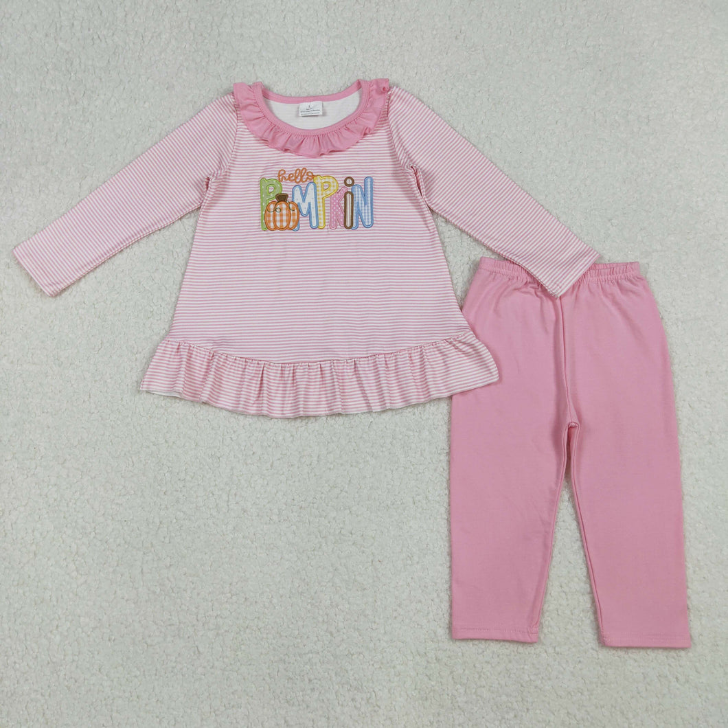 Embroidery Pumpkin Baby Girls Pink Stripes Tunic Leggings Fall Clothes Sets