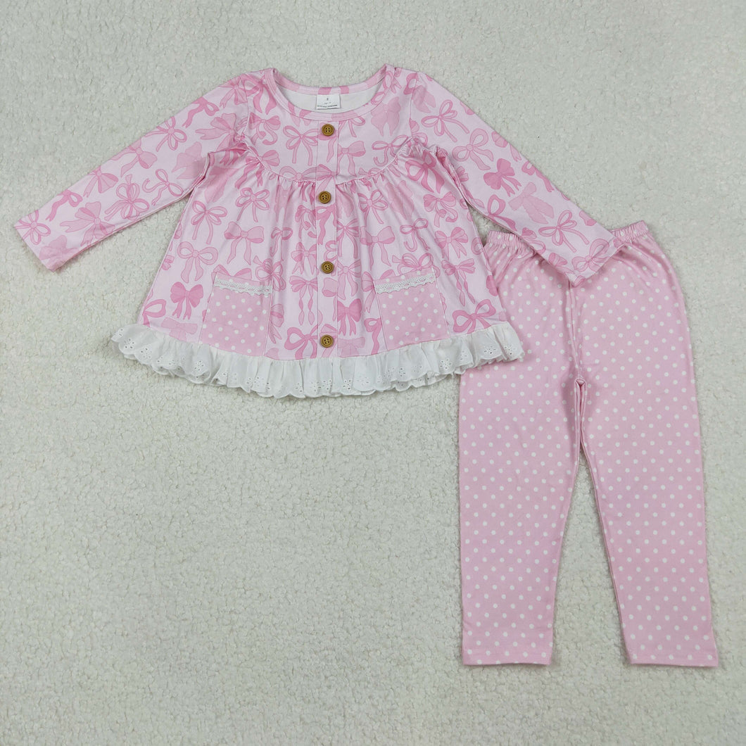 Baby Girls Pink Bows Button Pockets Tunic Polka Dots Legging Pant Clothes Set