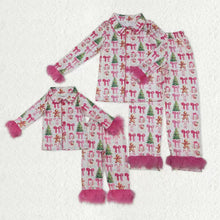 Load image into Gallery viewer, Mama and Me Pink Bows Santa Trees Button Top Pants Christmas Fur Pajamas Sets
