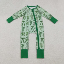 Load image into Gallery viewer, Baby Boys Green Clover Bows St Patrick Zipper Footie Rompers
