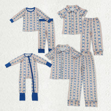 Load image into Gallery viewer, Sibling Adult Women Girls Blue Bows Flower Stripes Button Pajamas Sets Zipper Footie Rompers
