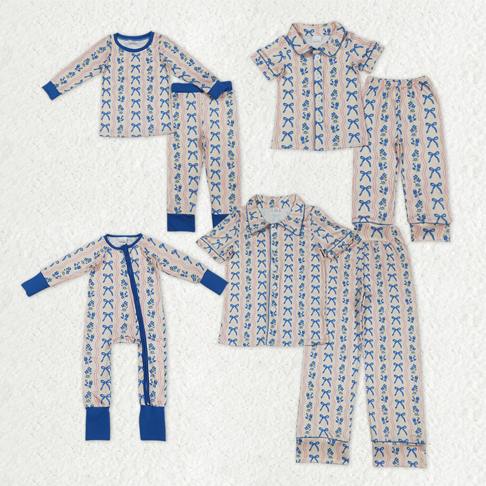 Sibling Adult Women Girls Blue Bows Flower Stripes Button Pajamas Sets Zipper Footie Rompers