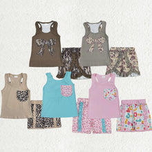 Load image into Gallery viewer, Sibling Baby Girls Sleeveless Colorful Leopard Camo Bow Vest Top Ruffle Shorts Set
