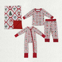 Load image into Gallery viewer, Sibling Baby Kids Trees Bows Checked Christmas Pajamas Sets Zipper Footie Rompers Blankets
