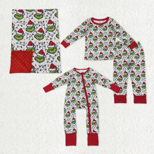 Load image into Gallery viewer, Sibling Baby Boys Green Faces Lights Christmas Pajamas Sets Zipper Footie Rompers Blankets
