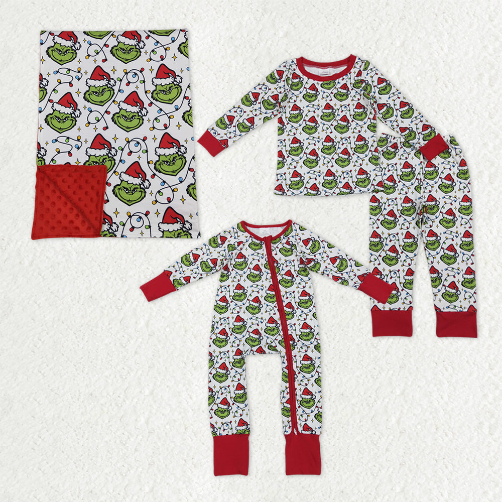Sibling Baby Boys Green Faces Lights Christmas Pajamas Sets Zipper Footie Rompers Blankets