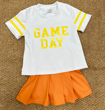 Load image into Gallery viewer, Baby Girls Vinyl Yellow Game Day Top Orange Pleated Skorts Yoga Active Team Set
