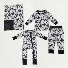 Load image into Gallery viewer, Sibling Baby Kids Black Bows Checked Pajamas Sets Zipper Footie Rompers Blankets
