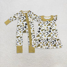 Load image into Gallery viewer, Sibling Baby Girls Gold Bows Footballs Go Team Ruffle Zipper Footie Romper Knee Length Dress
