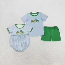 Load image into Gallery viewer, Sibling Baby Boys Blue Stripe Embroidery Pumpkin Truck Top Short Fall Clothes Sets Rompers
