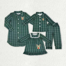 Load image into Gallery viewer, Embroidery Deer Mama and Me Green Checked Christmas Sleep Wear Pajamas Ruffle Dresses
