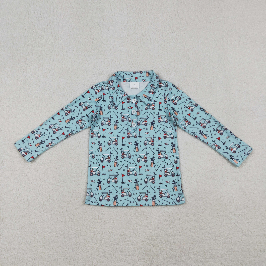 Baby Boys Blue Long Sleeve Golf Trucks Button Polo Shirts Top