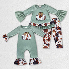 Load image into Gallery viewer, Sibling Cowhide Pumpkin Western Rompers Sister Clothing Sets
