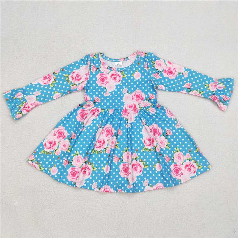 Baby Girls Blue Polka Dots Pink Flowers Long Sleeve Dresses 241126